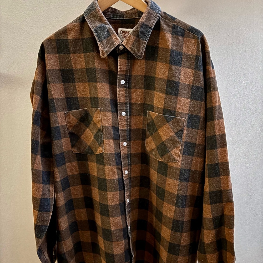 Ozark Trail vintage 90s brown/black checkered plaid button down shirt XL/2X